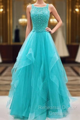 Turquoise Tulle Long Lace Semi Formal Prom Dress, Ruffles Evening Dress